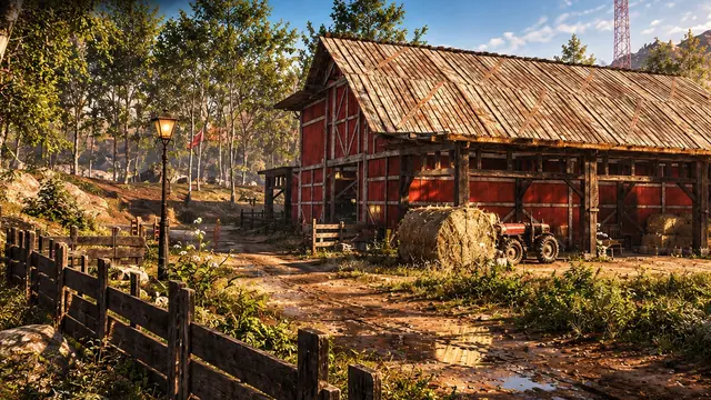 Ferme : la grange rouge au bord du chemin de terre