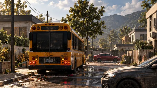 Sunridge : rue du lotissement avec le bus scolaire jaune et une voiture garée
