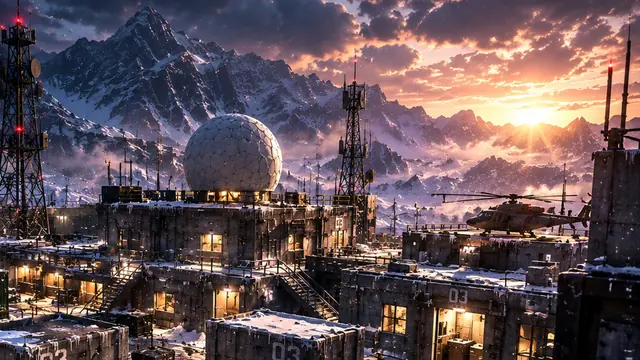 Outpost : la base radar enneigée au coucher du soleil, son dôme et ses antennes
