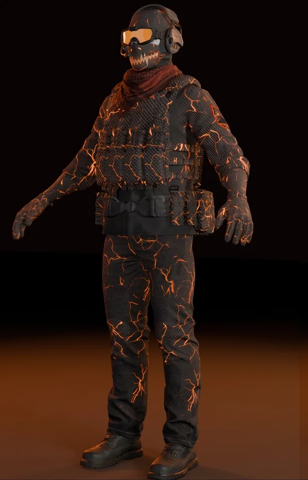 L’opérateur INFERNO : tenue en écailles et lave, masque à crocs et lunettes orange