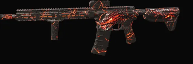 La TR-15 INFERNO vue de profil : écailles noires, veines de lave et tête de dragon sur la carcasse